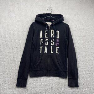 Vintage Y2K Aeropostale Zip Up Hoodie Black Retro Spell out Logo Women Sz M*